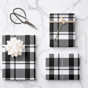 Feuille De Papier Cadeau Tartan blanc et noir moderne
