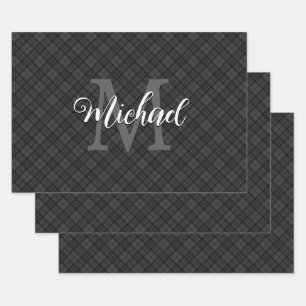 Feuille De Papier Cadeau Tartan blanc noir plaid hiver Noël Monogramme