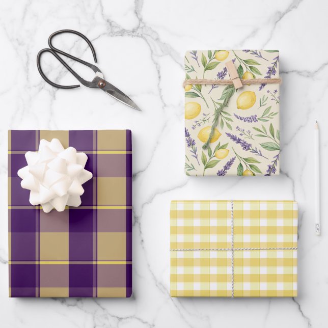 Feuille De Papier Cadeau Tartan daisy lemon yellow purple wrapping paper (Recto)