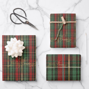 Feuille De Papier Cadeau Tartan de Noël Or & Golden 'Joyeux Noël'