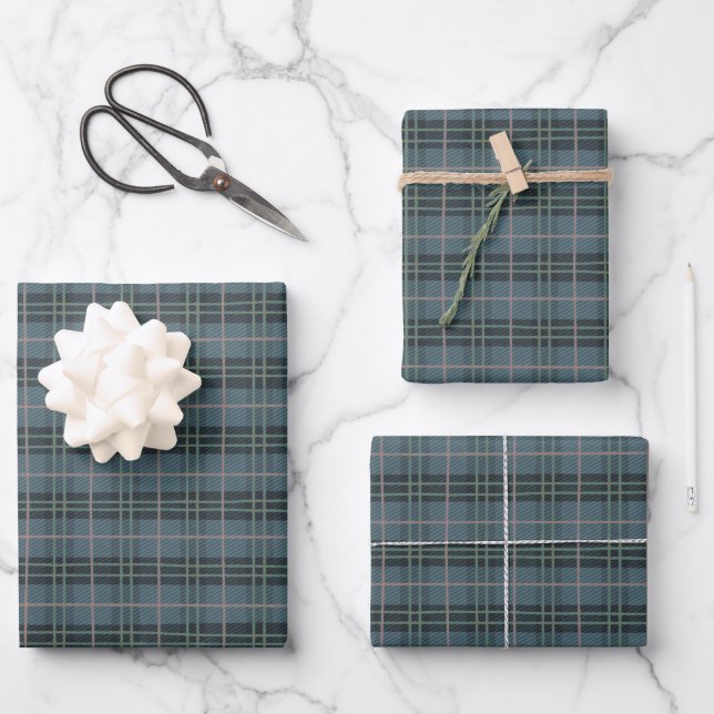 Feuille De Papier Cadeau Tartan Plaid main tiré bleu poussiéreux Motif (Recto)