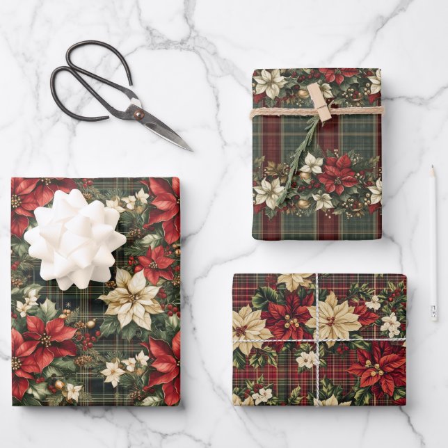 Feuille De Papier Cadeau Tartan Plaid & Red Poinsettia Noël (Recto)