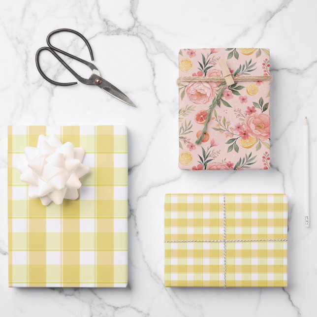 Feuille De Papier Cadeau Tartan rose lemon yellow set wrapping paper (Recto)