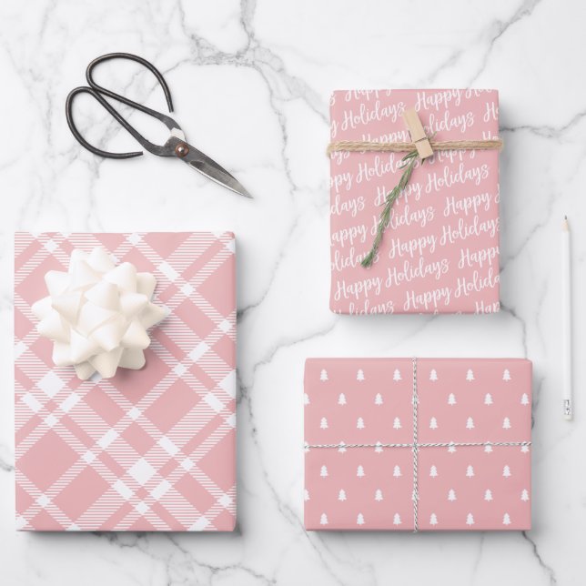 Feuille De Papier Cadeau Tartan rose rustique Joué Joyeux Motif de vacances (Recto)