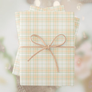 Feuille De Papier Cadeau Tartan - Vert-Vert De Sage Orange Clair-Ivoire Lum
