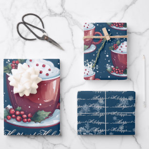 Feuille De Papier Cadeau Tasse de Chocolat Chaud de Noël   Bleu