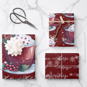 Feuille De Papier Cadeau Tasse de chocolat chaud de Noël   Rouge