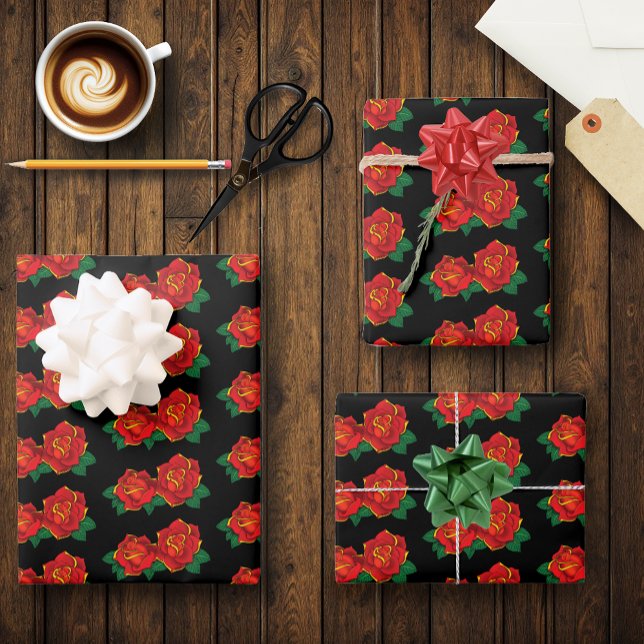 Feuille De Papier Cadeau Tatouage aux roses rouges (Créateur téléchargé)