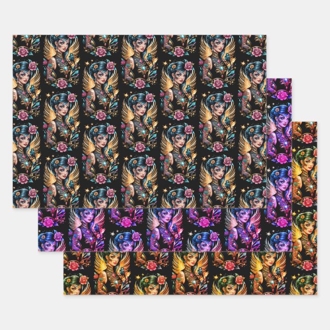 Feuille De Papier Cadeau Tatouages Et Roses 2 (Lot)