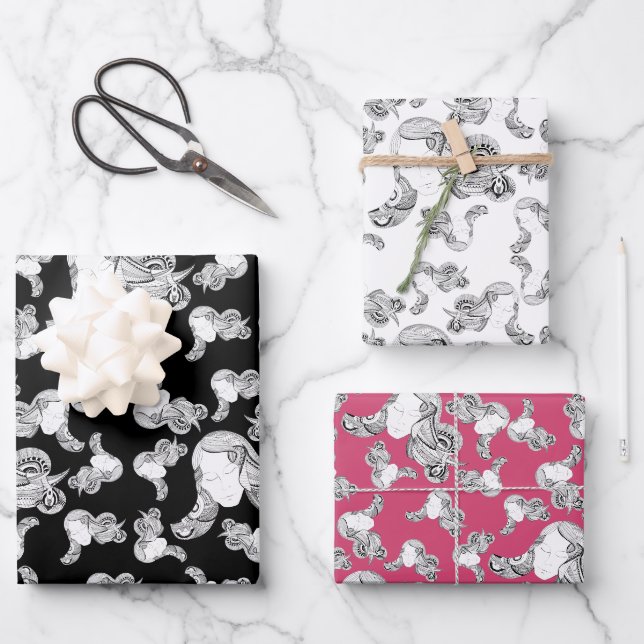 Feuille De Papier Cadeau Tattoo Girl Noir et blanc rose (Recto)