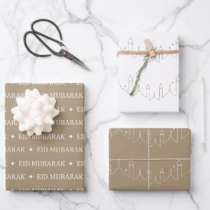 Feuille De Papier Cadeau Taupe Aïd Moubarak Motif Masjid