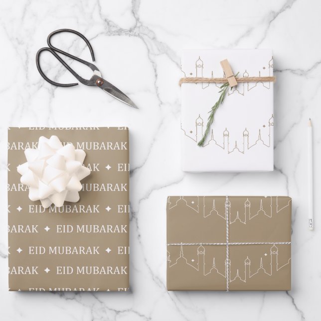 Feuille De Papier Cadeau Taupe Aïd Moubarak Motif Masjid (Recto)