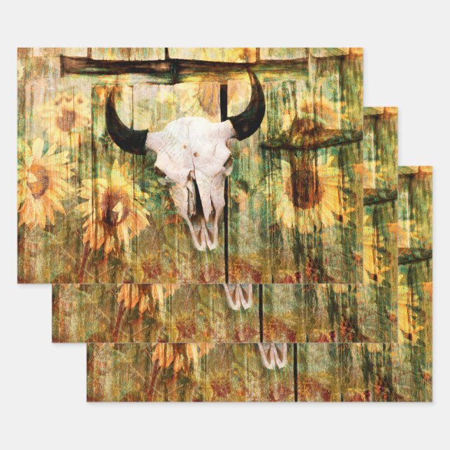 Feuille De Papier Cadeau Taureau rustique Ouest Taureau Pays Tournesols (Lot)