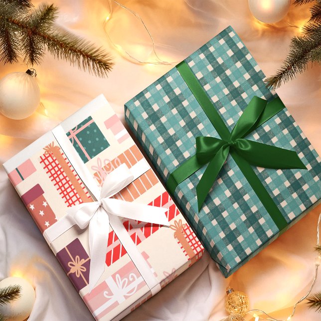 Feuille De Papier Cadeau Teal Red Retro Gifts Plaid Pattern Christmas (Créateur téléchargé)