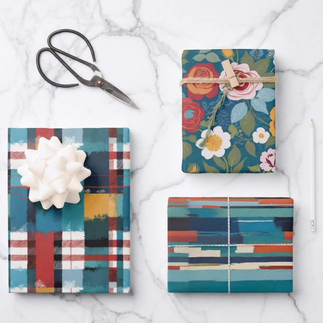 Feuille De Papier Cadeau Teals rétro Plaid Floral et Line Set de 3 (Recto)