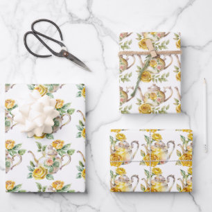 Feuille De Papier Cadeau Teapots et Roses jaunes du Spring Tea Party