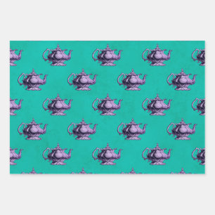 Feuille De Papier Cadeau Teapots violets sur le Turquoise