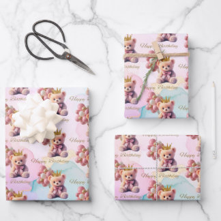Feuille De Papier Cadeau Teddy Bear Pink Bow Gold Crown Joyeux anniversaire