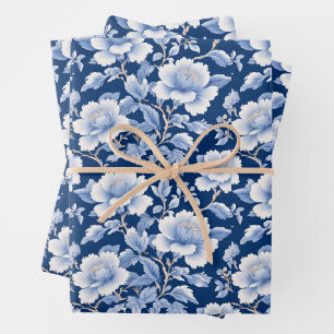 Feuille De Papier Cadeau Tendance minimaliste vintage fleur bleue et blanch
