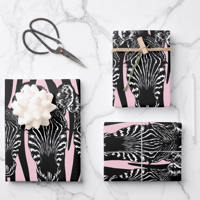 Feuille De Papier Cadeau Tendance Zebra Herd sur Zebra Imprimer rose (Recto)