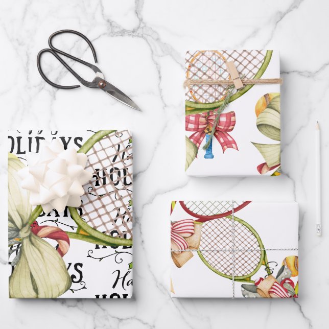 Feuille De Papier Cadeau Tennis Noël avec aquarelle raquette (Recto)