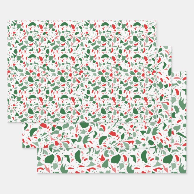 Feuille De Papier Cadeau Terrazzo vert et rouge Motif Noël (Lot)