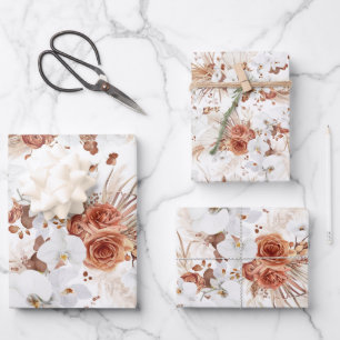 Feuille De Papier Cadeau Terre cuite et fleurs blanches Botanique Boho Exot