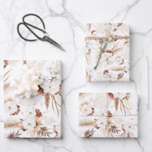 Feuille De Papier Cadeau Terre cuite Fleurs blanches et ivoire Boho Botaniq