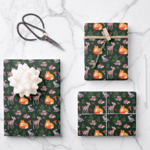 Feuille De Papier Cadeau Terreux Rustique Renard de Forêt Cerf Lapin Hériss