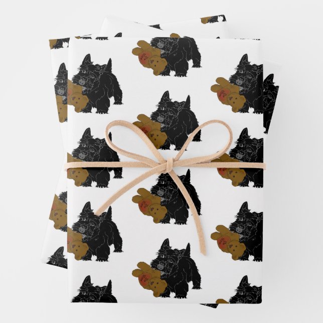 Feuille De Papier Cadeau Terrier écossais Avec Ours Teddy (En situation)