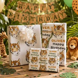 Feuille De Papier Cadeau Tête d'animal de tigre à l'aquarelle
