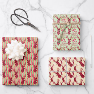 Feuille De Papier Cadeau Tête de cerf rouge aquarelle