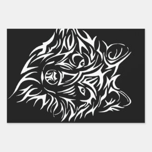 Feuille De Papier Cadeau Tête de loup blanc sur noir 