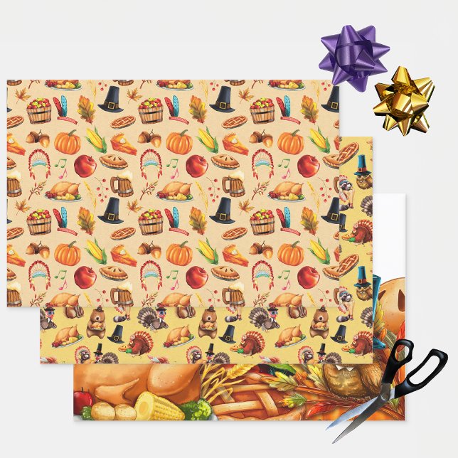 Feuille De Papier Cadeau Thanksgiving Automne Citrouille Pie Animaux (Créateur téléchargé)