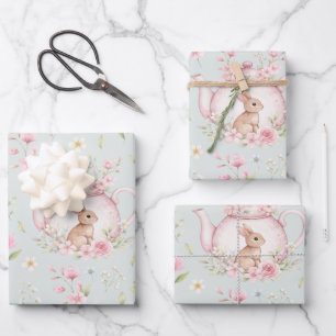 Feuille De Papier Cadeau Théière Lapin Mignon Fleurs Roses