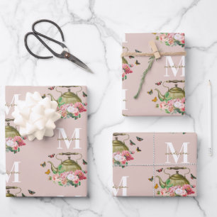 Feuille De Papier Cadeau Théière Party Rose Floral & Papillons Monogramme