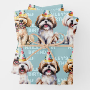 Feuille De Papier Cadeau Thème de chien Anniversaire Fête Bleu