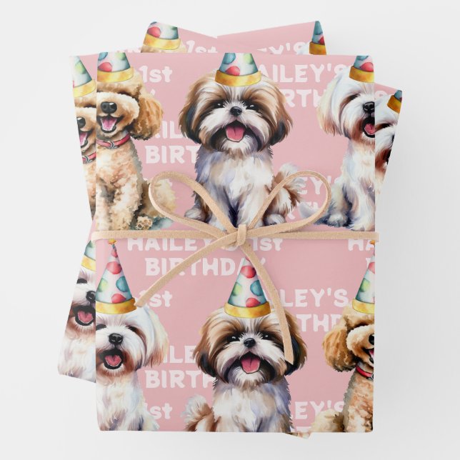 Feuille De Papier Cadeau Thème de chien Anniversaire fête rose (En situation)