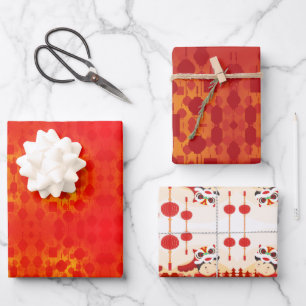 Feuille De Papier Cadeau Thème Lion danse et lanternes chinoises WP