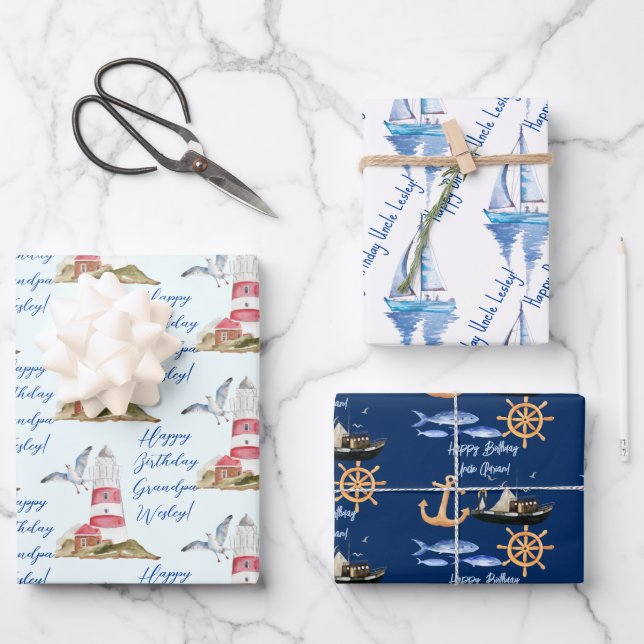 Feuille De Papier Cadeau Thème nautique marin voile thème homme grand-père, (Recto)