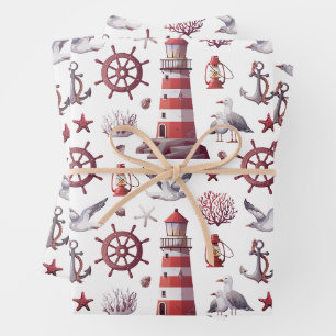 Feuille De Papier Cadeau Thème nautique - Phare, Corail, Marine