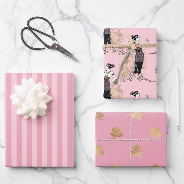 Feuille De Papier Cadeau Thème Paris rose et or (Recto)