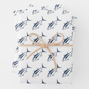 Feuille De Papier Cadeau Thon Albacore en bleu marine sur blanc en gros