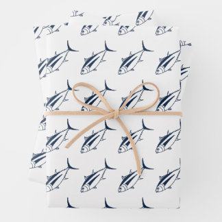 Feuille De Papier Cadeau Thon Albacore en bleu marine sur blanc en gros