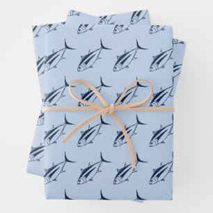 Feuille De Papier Cadeau Thon d'Albacore en Marine sur pastel Bleu en Grand
