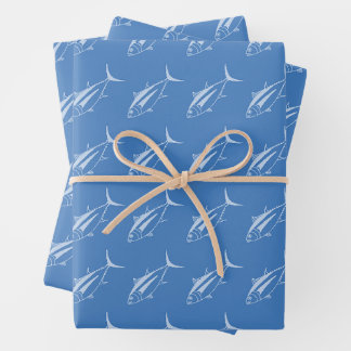 Feuille De Papier Cadeau Thon d'Albacore en Pastel sur Bleu d'Egée en Grand