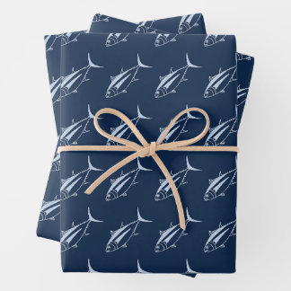 Feuille De Papier Cadeau Thon d'Albacore en Pastel sur bleu marine en grand