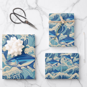 Feuille De Papier Cadeau Thon volant par vagues - motif Ahi