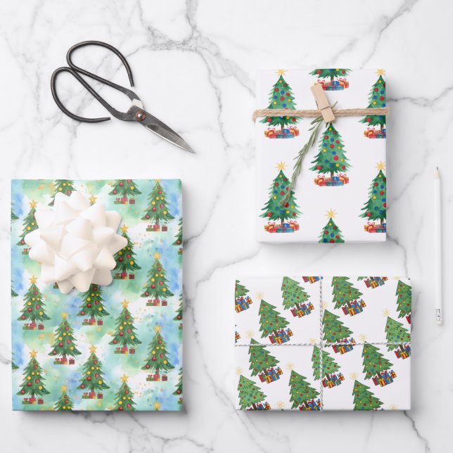 Feuille De Papier Cadeau Three Christmas Trees and Gifts Patterns (Recto)