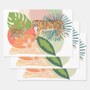 Feuille De Papier Cadeau Tiger Maman et bébé dans la jungle
